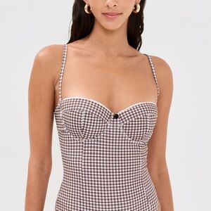 STAUD Brown and White Checkered One Piece Swimsuit